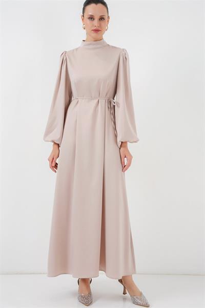 2510 Saten Tesettür Abiye Elbise - M. Krem