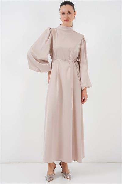 2510 Saten Tesettür Abiye Elbise - M. Krem