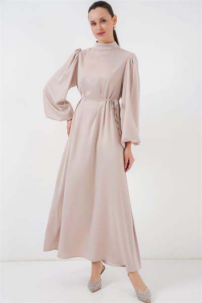 2510 Saten Tesettür Abiye Elbise - M. Krem