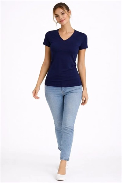2li V Yaka Tişört – Kısa Kollu Yazlık Slim Fit Body - Lacivert - Ekru