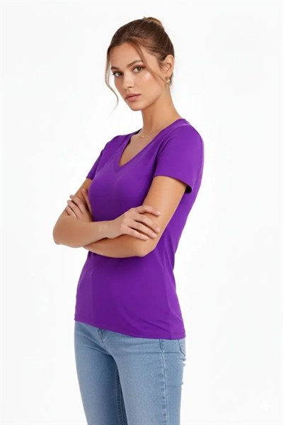 2li V Yaka Tişört – Kısa Kollu Yazlık Slim Fit Body - Toz Pembe - Mor