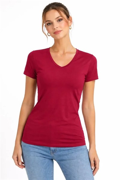2li V Yaka Tişört – Kısa Kollu Yazlık Slim Fit Body - Bordo - Füme