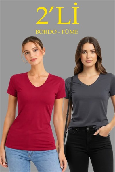 2li V Yaka Tişört – Kısa Kollu Yazlık Slim Fit Body - Bordo - Füme