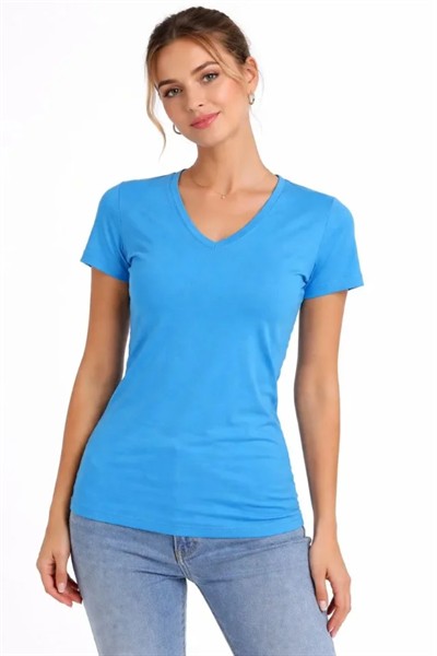 2li V Yaka Tişört – Kısa Kollu Yazlık Slim Fit Body - Nar Çiçeği - Açık Mavi
