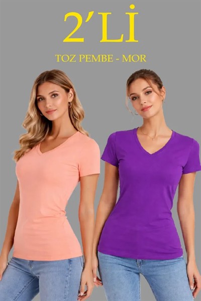 2li V Yaka Tişört – Kısa Kollu Yazlık Slim Fit Body - Toz Pembe - Mor