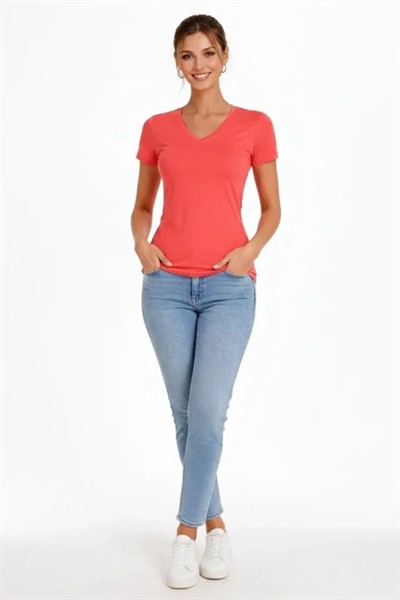 2li V Yaka Tişört – Kısa Kollu Yazlık Slim Fit Body - Nar Çiçeği - Açık Mavi