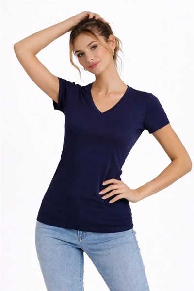 2li V Yaka Tişört – Kısa Kollu Yazlık Slim Fit Body - Lacivert - Ekru