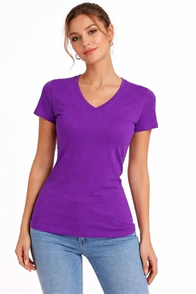 2li V Yaka Tişört – Kısa Kollu Yazlık Slim Fit Body - Toz Pembe - Mor