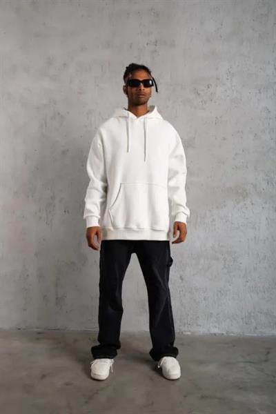 3 İplik Kapşonlu Sweatshirt Hoodie - Beyaz