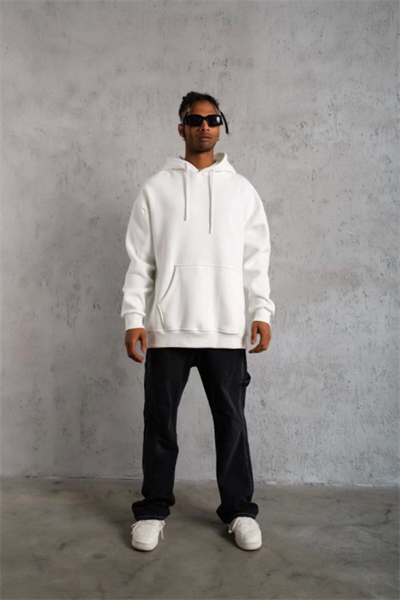 3 İplik Kapşonlu Sweatshirt Hoodie - Beyaz