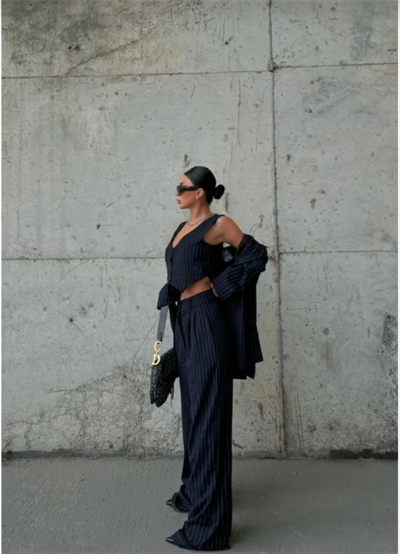 3 Lü Takım Beyaz Çizgi Detaylı Crop Yelek Ceket Bol Kesim Bol Paça Pantolon Alt Üst Takım - Lacivert