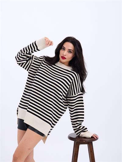 3344 ÇİZGİLİ SALAŞ KAZAK-KREM-SİYAH