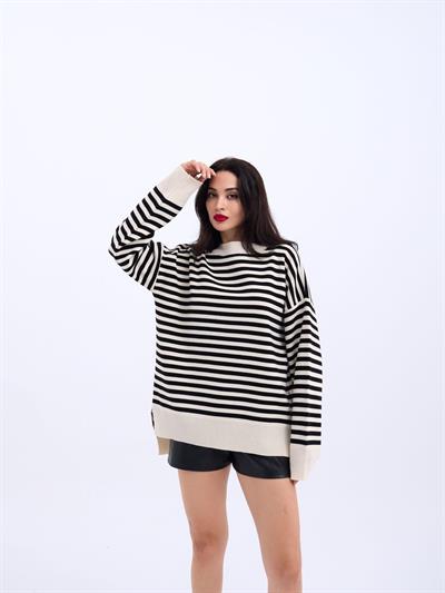 3344 ÇİZGİLİ SALAŞ KAZAK-KREM-SİYAH