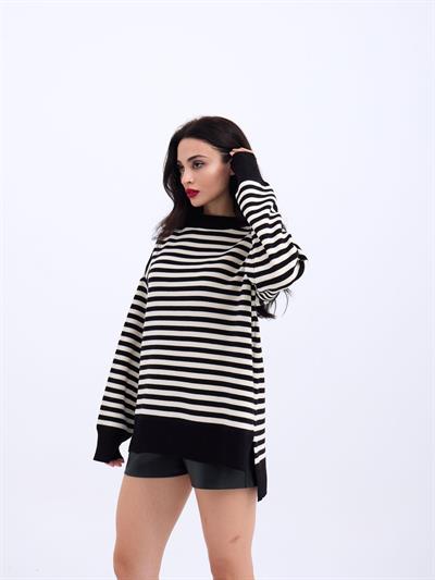 3344 ÇİZGİLİ SALAŞ KAZAK-SİYAH-KREM