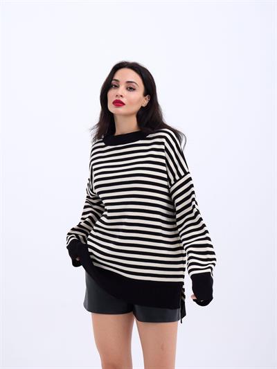 3344 ÇİZGİLİ SALAŞ KAZAK-SİYAH-KREM