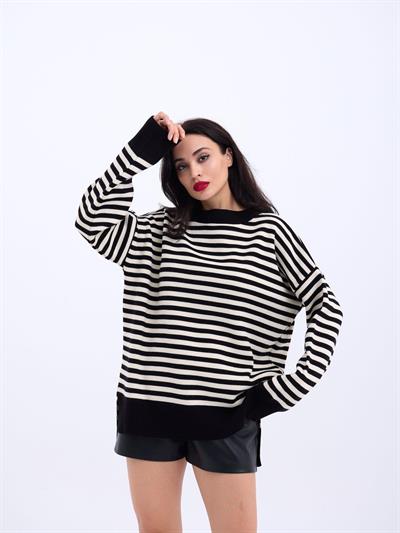 3344 ÇİZGİLİ SALAŞ KAZAK-SİYAH-KREM