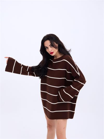 3368 ÇİZGİLİ SALAŞ TUNİK-KAHVE-KREM