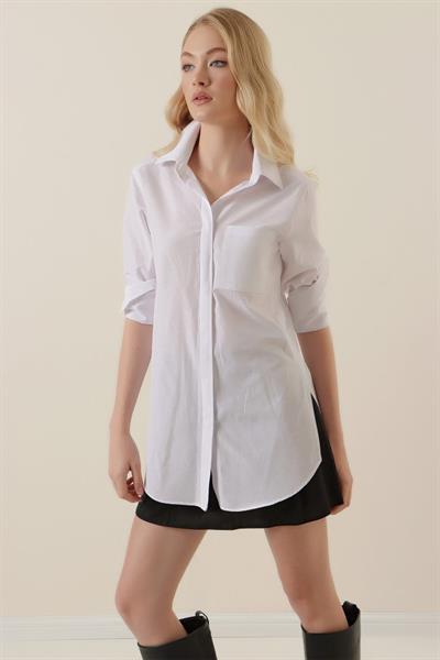 3879 Oversize Cepli Gömlek - Beyaz