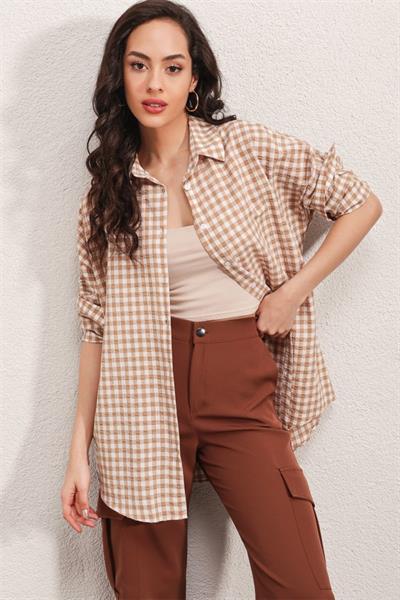 3900 Oversize Kareli Gömlek - Y.Bej