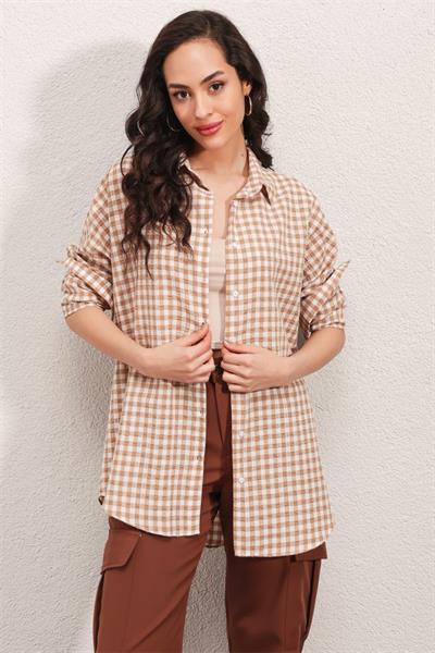 3900 Oversize Kareli Gömlek - Y.Bej