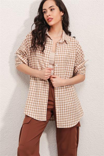 3900 Oversize Kareli Gömlek - Y.Bej