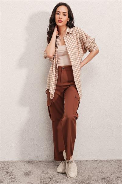 3900 Oversize Kareli Gömlek - Y.Bej