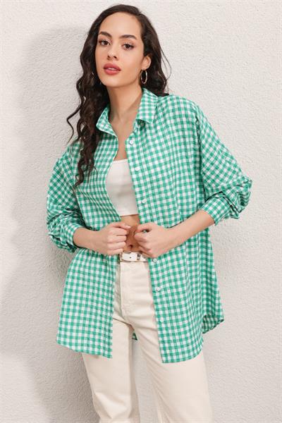 3900 Oversize Kareli Gömlek - Y.Yeşil