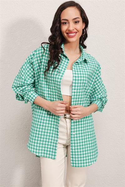 3900 Oversize Kareli Gömlek - Y.Yeşil