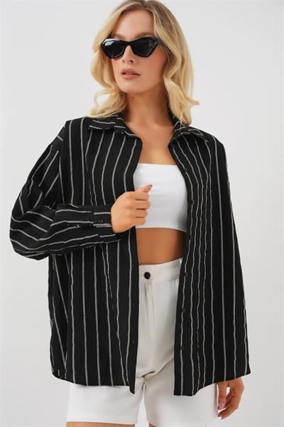 3900 Oversize Uzun Basic Gömlek - C. Siyah