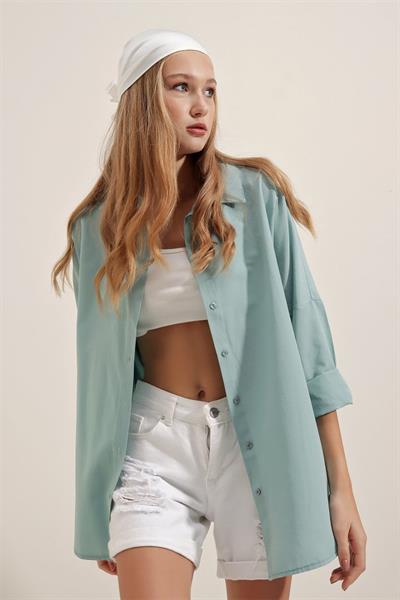 3900 Oversize Uzun Basic Gömlek - Su Yeşili