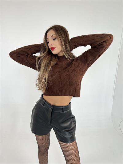 3924 TRİKO SAÇ ÖRGÜ KAZAK-KAHVE