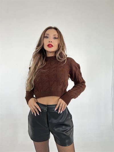 3924 TRİKO SAÇ ÖRGÜ KAZAK-KAHVE