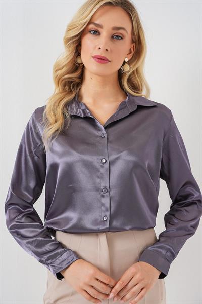 3964 Hafif Dökümlü Saten Gömlek - Antrasit