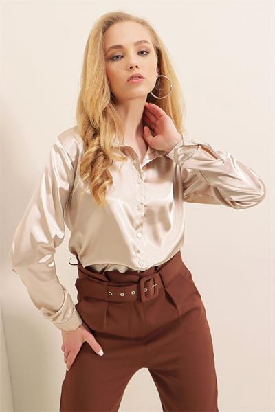 3964 Hafif Dökümlü Saten Gömlek - Bej