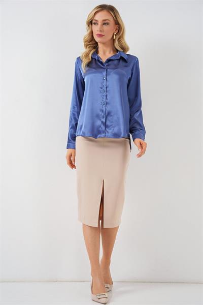 3964 Hafif Dökümlü Saten Gömlek - C.Lacivert