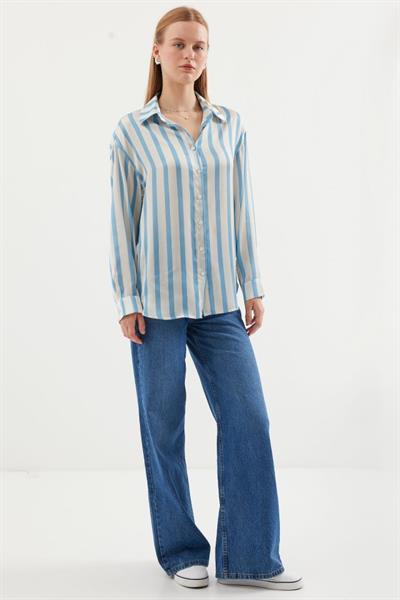 3964 Hafif Dökümlü Saten Gömlek - E. Mavi