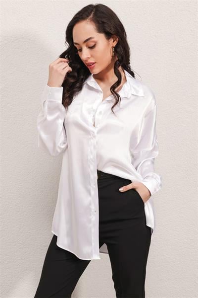 3985 Oversize Saten Gömlek - Beyaz