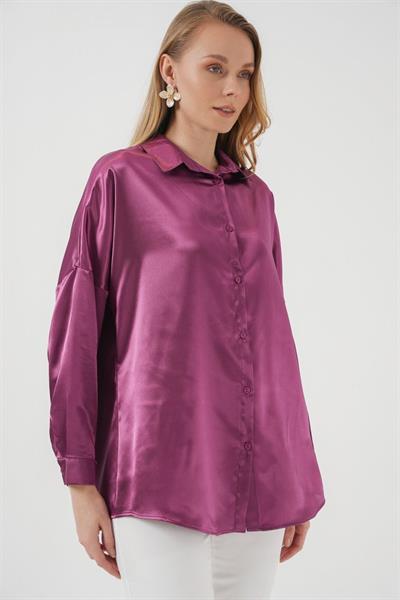 3985 Oversize Saten Gömlek - Koyu Lila