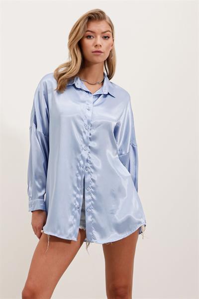 3985 Oversize Saten Gömlek - Mavi