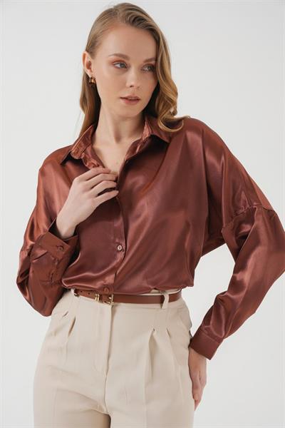 3985 Oversize Saten Gömlek - Taba