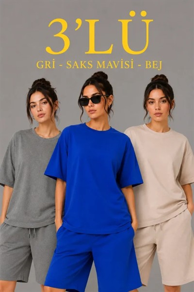 3’lü Oversize Tişört Şort Takım Seti Yazlık İki İplik Kumaş - Gri, Saks Mavisi, Bej