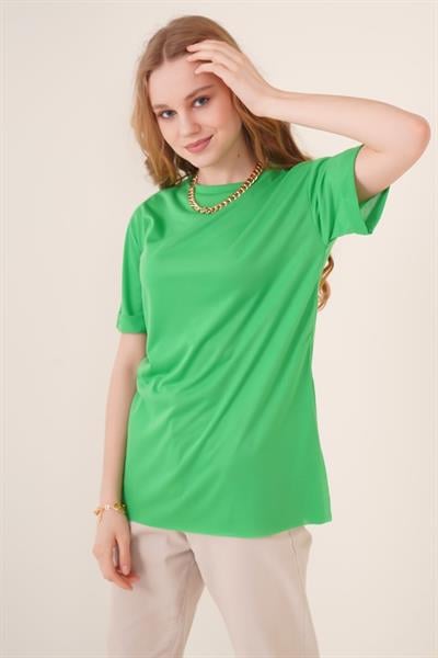4123 Yırtmaçlı Oversize Tişört - Yeşil