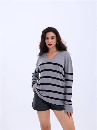 4203 TRİKO V YAKA ÇİZGİLİ BASİC SALAŞ-GRİ-SİYAH