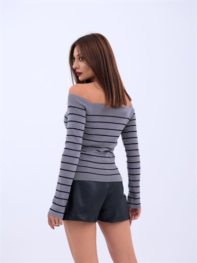 4206 TRİKO ÇİZGİLİ KAYIK YAKA CROP-GRİ-SİYAH
