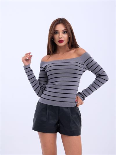 4206 TRİKO ÇİZGİLİ KAYIK YAKA CROP-GRİ-SİYAH