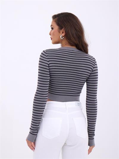 42211 TRİKO ÇİZGİLİ CROP-GRİ-SİYAH