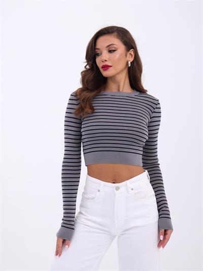 42211 TRİKO ÇİZGİLİ CROP-GRİ-SİYAH