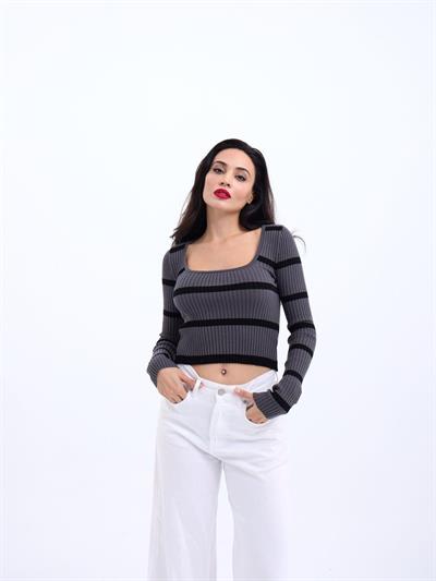 42221 TRİKO ÇİZGİLİ FİTİLLİ CROP-ANTRASİT-SİYAH