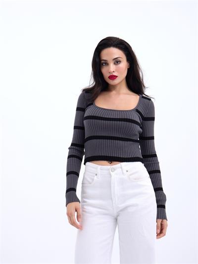42221 TRİKO ÇİZGİLİ FİTİLLİ CROP-ANTRASİT-SİYAH