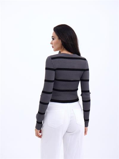 42221 TRİKO ÇİZGİLİ FİTİLLİ CROP-ANTRASİT-SİYAH